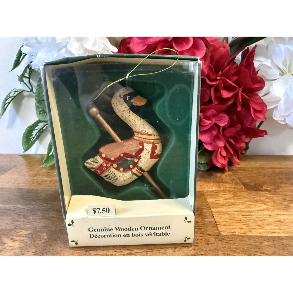Vintage Carlton Cards Olde Fashioned ChristmasWooden‎ Swan Ornament Genuine Wood